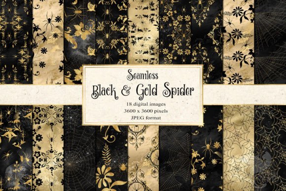 Black and Gold Spider Digital Paper Gráfico Texturas de Papel Por Digital Curio