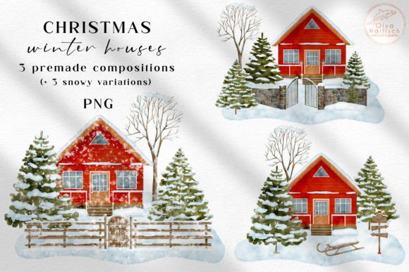 Snowy Winter House Watercolor Clipart Graphic Illustrations By Olya Haifisch