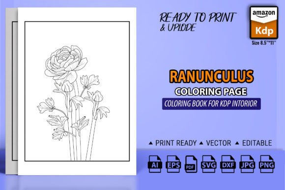 Buttercup, Ranunculus Flowers Gráfico Desenhos e livros para colorir Por GraphicArt