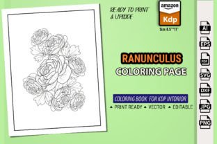 Ranunculus, Buttercup, Flowers Line Art Graphic Coloring Pages & Books Adults By GraphicArt 2