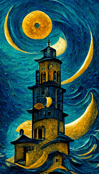 Architettura di Van Gogh di un campanile con sfondo di un universo stellato Paesaggio di onde oceaniche e luna Contenuti Community Di cc-xinyu