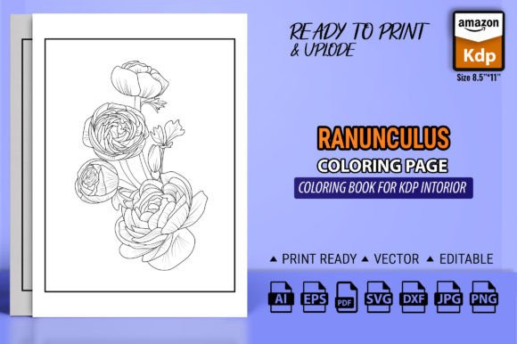 Ranunculus, Buttercup Flower Design Graphic Coloring Pages & Books By GraphicArt