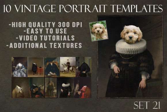 10 Vintage Portrait Templates Set 21 Grafika Zwierzęta Przez Digital Painterly