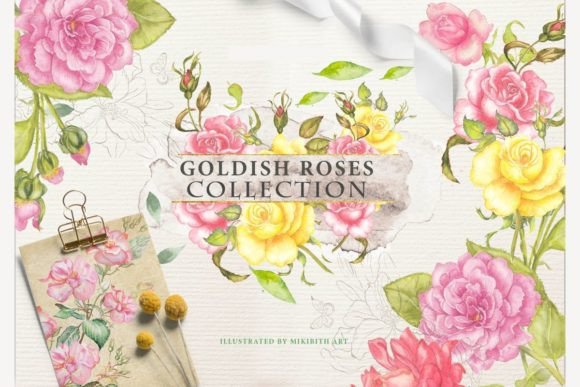 Goldish Roses Collection Afbeelding Afdrukbare Illustraties Door Mikibith Art