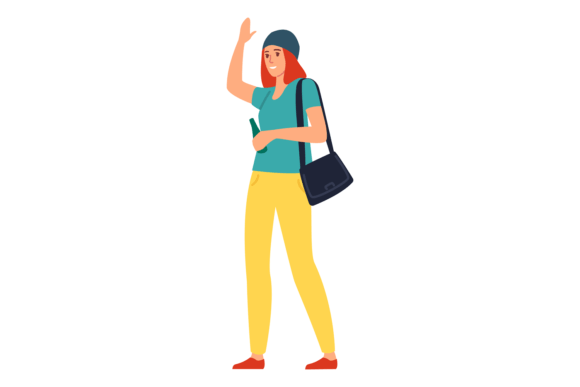 Girl Raising Hand in Greeting Gesture. H Graphic Illustrations By vectorbum