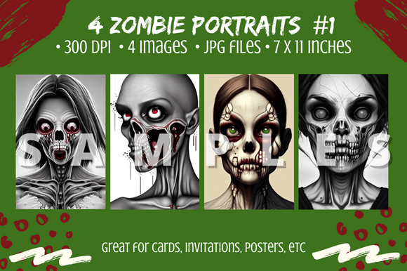 4 Realistic & Scary Zombie Portraits Illustration Modèles d'Impression Par Tomboy Designs