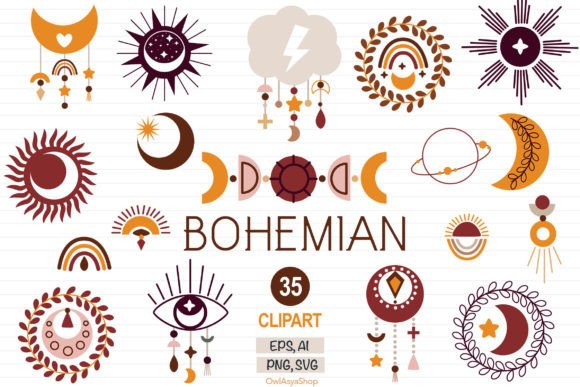 Bohemian Moon Clipart, Moonchild Set Gráfico Ilustraciones Imprimibles Por owlasyashop