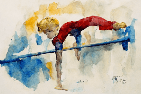 Watercolor of a Blond Boy Gymnast on the Parallel Bars Community Content By Allisa Lanker