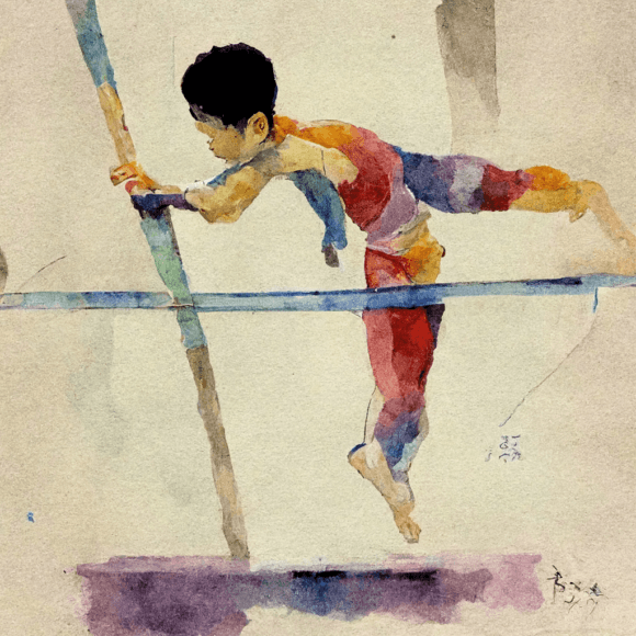 Watercolor of an Asian Boy Gymnast on the Parallel Bars Community Content By Allisa Lanker