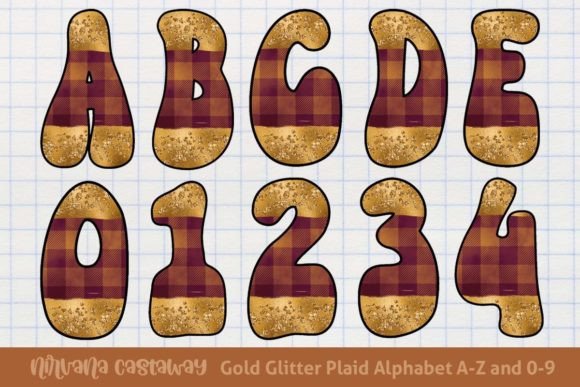 Gold Glitter Buffalo Plaid Alphabet Grafika Ilustracje do Druku Przez Nirvana Castaway