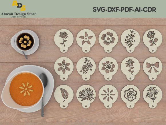 Coffee Stencils / Latte Art Stencil Cuts Graphic 3D Flowers By atacanwoodbox