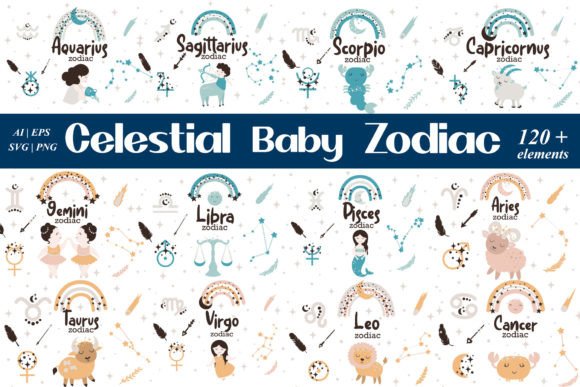 Celestial Baby 12 Kids Zodiac Grafik Druckbare Illustrationen Von Dysenkart