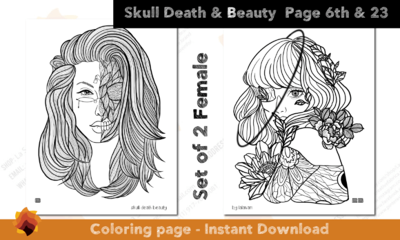 Set of 2 Females Coloring Page Graphic Coloring Pages & Books Adults By LaSquare Paper Art