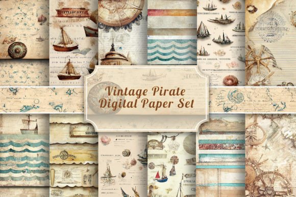 Vintage Pirate Digital Paper Set Graphic Backgrounds By Fun Digital