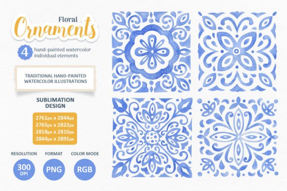 Watercolor Floral Blue Tile Ornaments Graphic Illustrations By Vikky Art Store