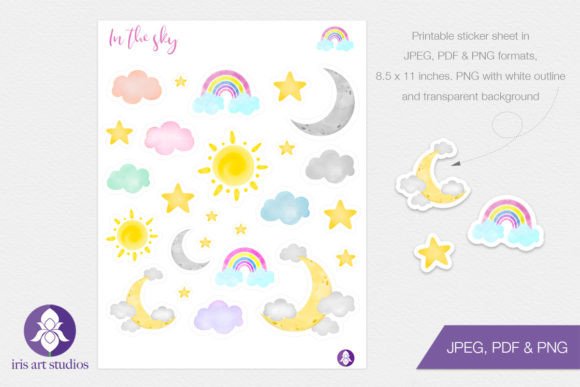 Watercolor Sun Moon Rainbow Stickers Gráfico Ilustrações para Impressão Por Iris Art Studios