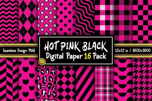 Hot Pink & Black Digital Paper 16 Pack Graphic Textures By MiracleMaker