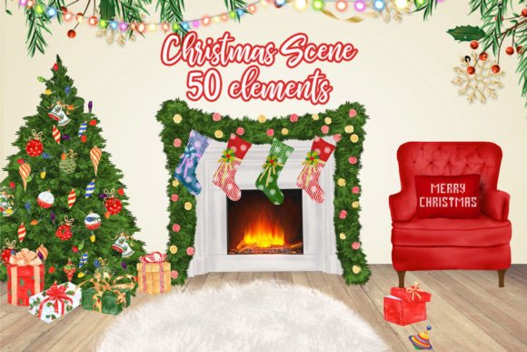 Christmas House Scene Xmas Fireplace Graphic Illustrations By LeCoqDesign