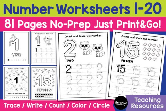 Number Writing Practice 1-20 Worksheets Graphic K By Emery Digital Studio