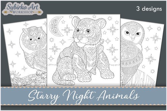 Starry Night Animals Coloring Book Grafik Ausmalseiten & Malbücher für Erwachsene Von Sybirko Art Workshop