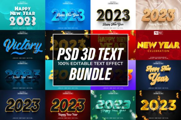 2023 New Year 3D PSD Text Effect Bundle Gráfico Estilos de capas Por mdjahidul99519