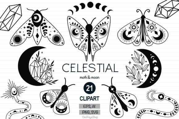 Celestial Moon Svg, Moth Clipart Graphic Illustrations By owlasyashop