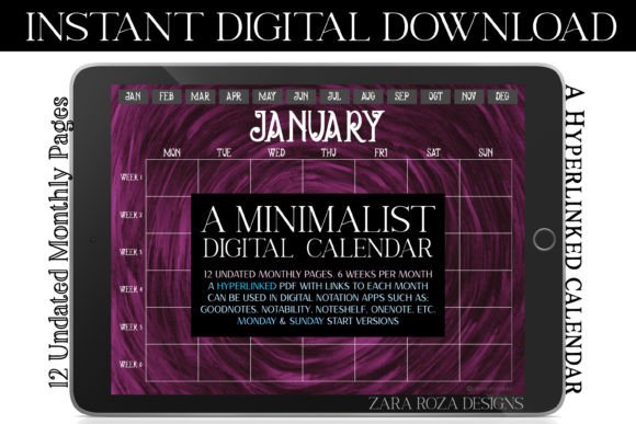 Magenta Swirl Digital Monthly Calendar Graphic Print Templates By ZaraRozaDesigns