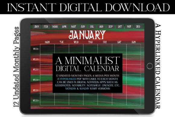 Retro Christmas Digital Monthly Calendar Graphic Print Templates By ZaraRozaDesigns