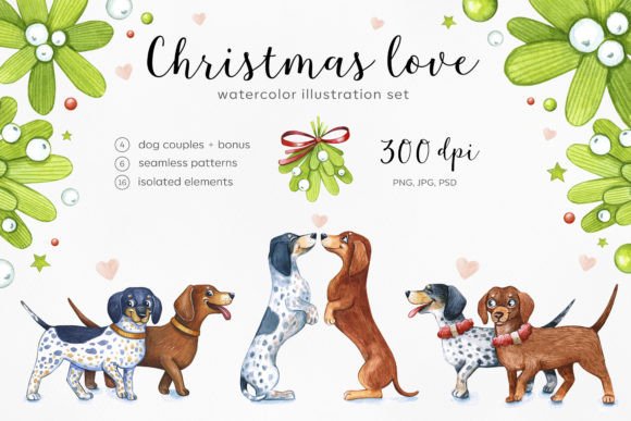 Watercolor Dogs Christmas Dachshunds Gráfico Ilustraciones Imprimibles Por Susik store