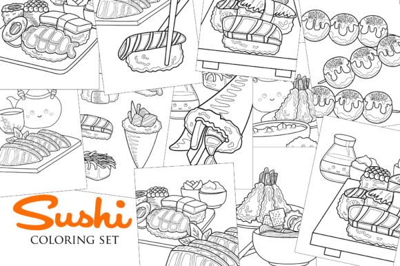 Japanese Sushi Food & Drink Coloring Set Graphic Coloring Pages & Books Kids By Peekadillie