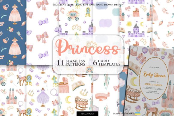 Princess Baby Shower Cards and Patterns Graphic Patterns By HappyWatercolorShop