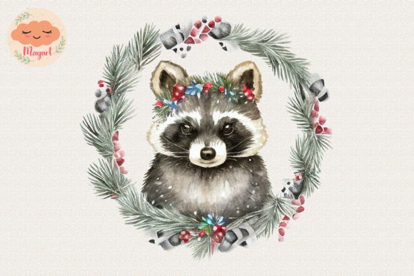 Christmas Wreath Cute Raccoon Illustration Artisanat Par Mayart