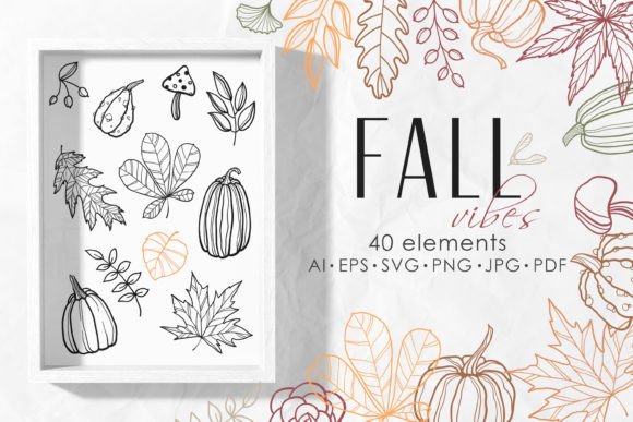 Fall Vibes Line Art Leaves & Pumpkin Gráfico Ilustraciones Imprimibles Por DervikArtStore