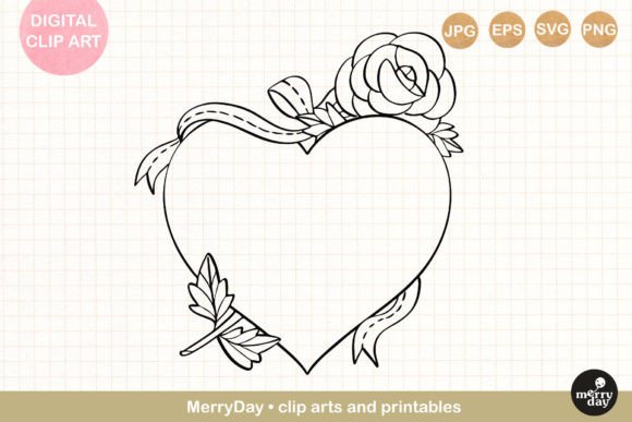 Rose Ribbon Heart Frame Line Art Graphic Print Templates By MerryDay