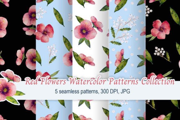 Red Flowers Watercolor Pattern Set Graphic Patterns By Mariia Crow Art