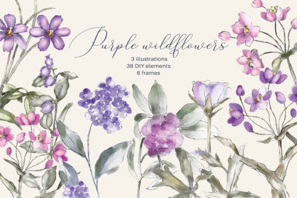Watercolor Purple Wildflowers Set Graphic Illustrations By Patishop Art