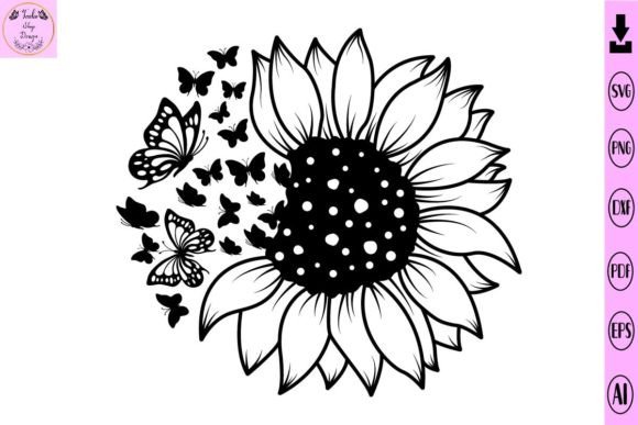 Sunflower and Butterfly Svg Flower Svg Gráfico Modelos de Impressão Por Tadashop Design