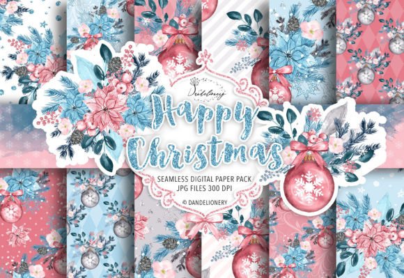 Happy Christmas Winter Blue Patterns Grafika Papierowe Wzory Przez dandelionery