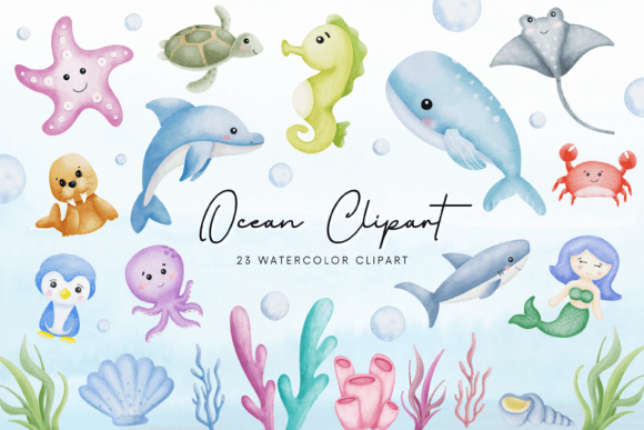 Ocean Animals Cute Watercolor Clipart Graphic Illustrations By DYSA Studio