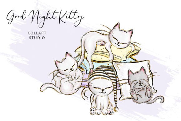 Cute Kittens Illustrations, Good Night Graphic Illustrations By collartstudio