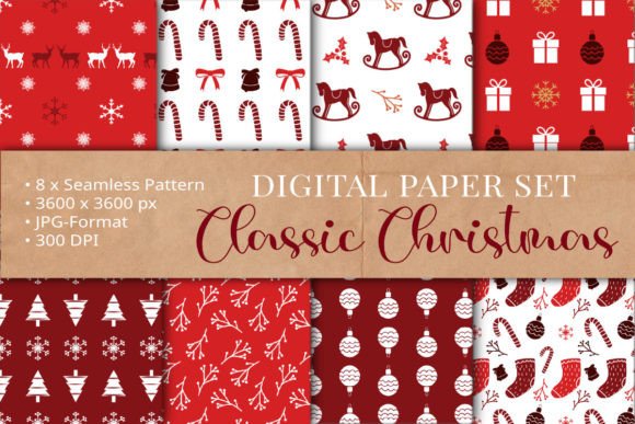 Christmas Pattern Set in Red and White Gráfico Patrones de Papel Por Papierquarell
