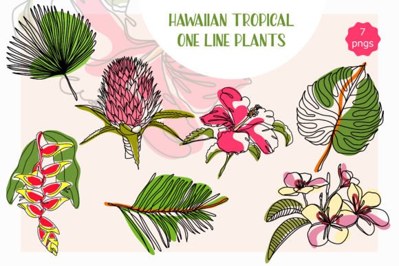 7 PNGs One Line Hawaiian Tropical Plants Graphic Crafts By DaisyArtDecor