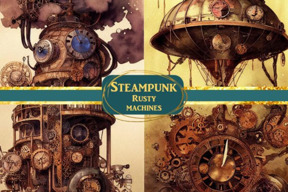 Steampunk Rusty Machines Watercolor Art Gráfico Ilustraciones IA Por Magiclily