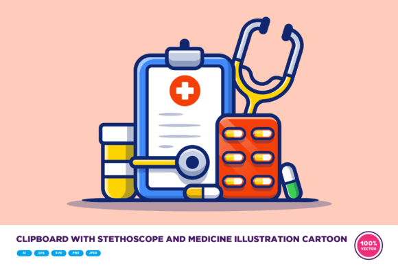 Clipboard with Stethoscope and Medicine Graphic Objects By catalyststuff