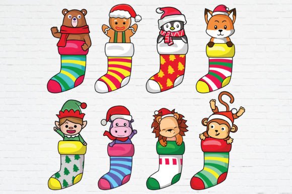 Cute Animal in Sock Christmas SVG Gráfico Ilustraciones Imprimibles Por guavanaboy