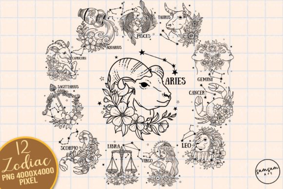 Floral Zodiac Sign Bundle Sublimation Grafica Creazioni Di Samsam Art