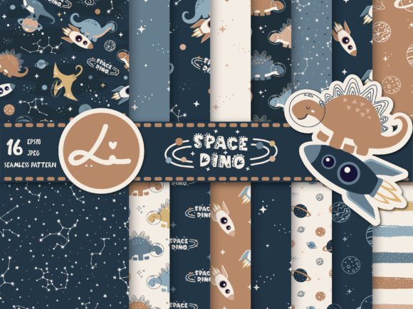Cute Dinosaurs Astronauts in Space Graphic Patterns By lindoet23
