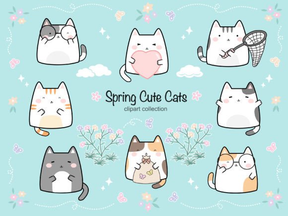 HELLO SPRING Cute Cat Clipart Set Graphic Illustrations By lindoet23