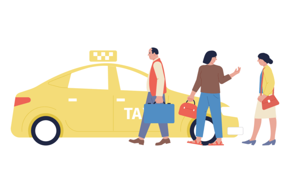 People with Buggage Stop Taxi Car. Passe Graphic Illustrations By ladadikart