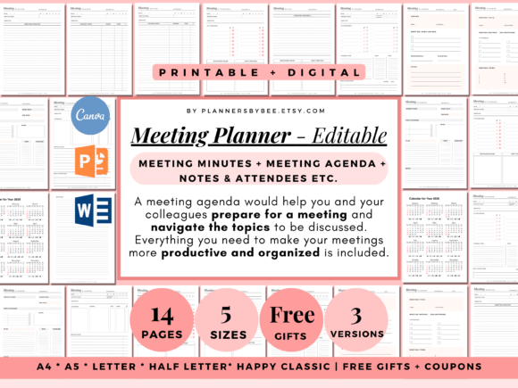 Editable Meeting Notes Template Agenda Graphic Print Templates By PlannersByBee